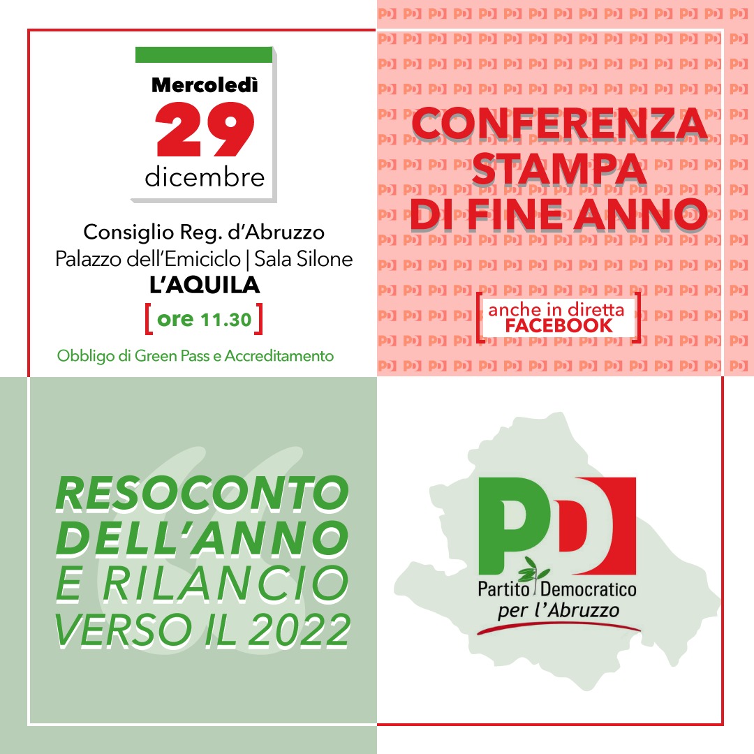 Mercoledì 29 dicembre la conferenza stampa di fine anno del Pd Abruzzo