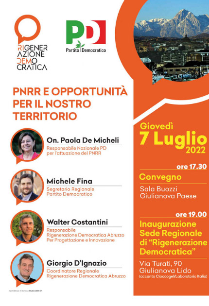 PNRR e opportunità per il nostro territorio: il 7 luglio l’evento di Rigenerazione Democratica a Giulianova