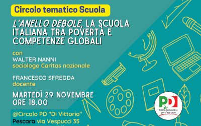 Il 29 novembre a Pescara l’incontro del Circolo Tematico Scuola PD con Walter Nanni