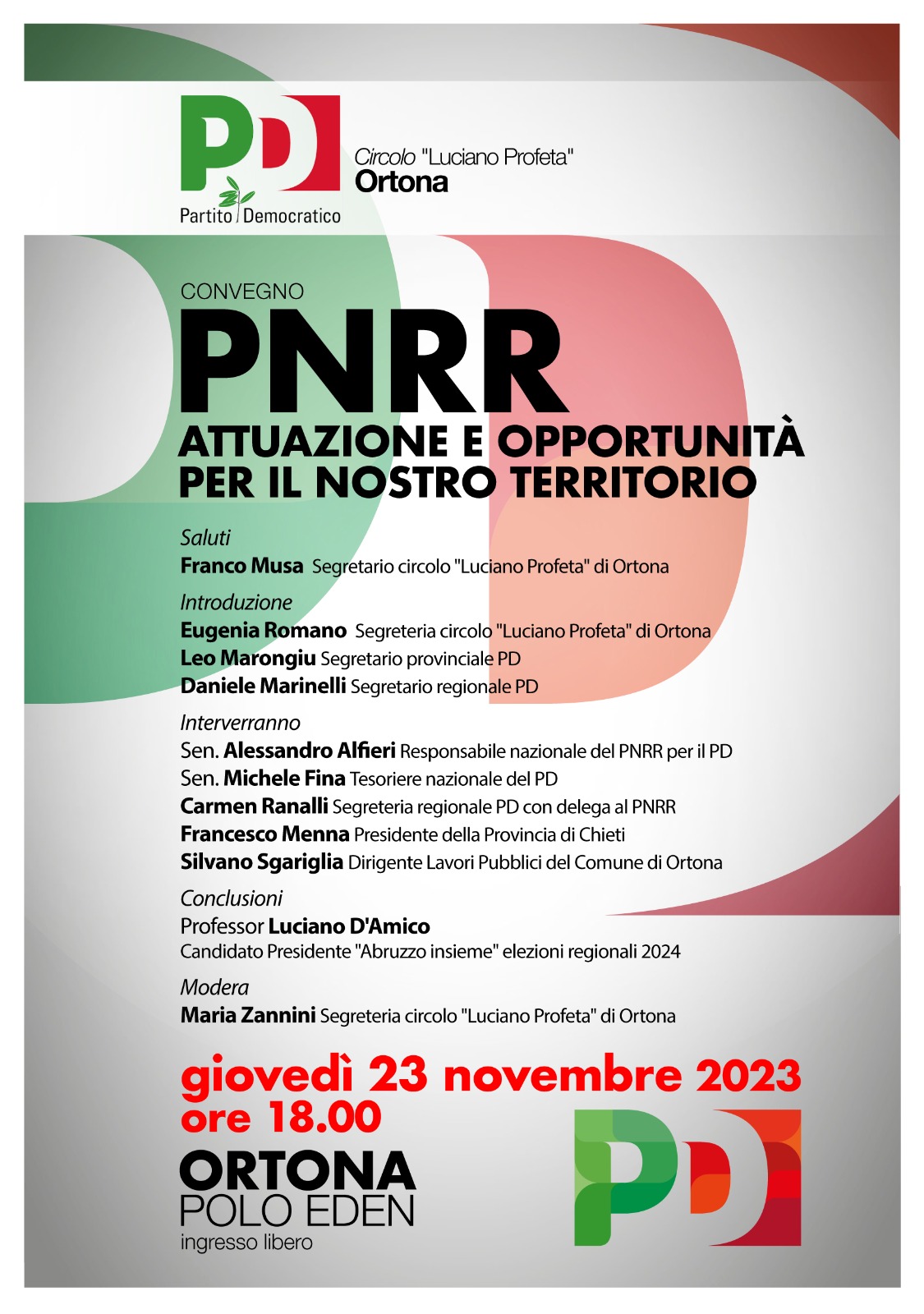 PNRR, domani 23 novembre il convegno del PD a Ortona con Luciano D’Amico e Alessandro Alfieri