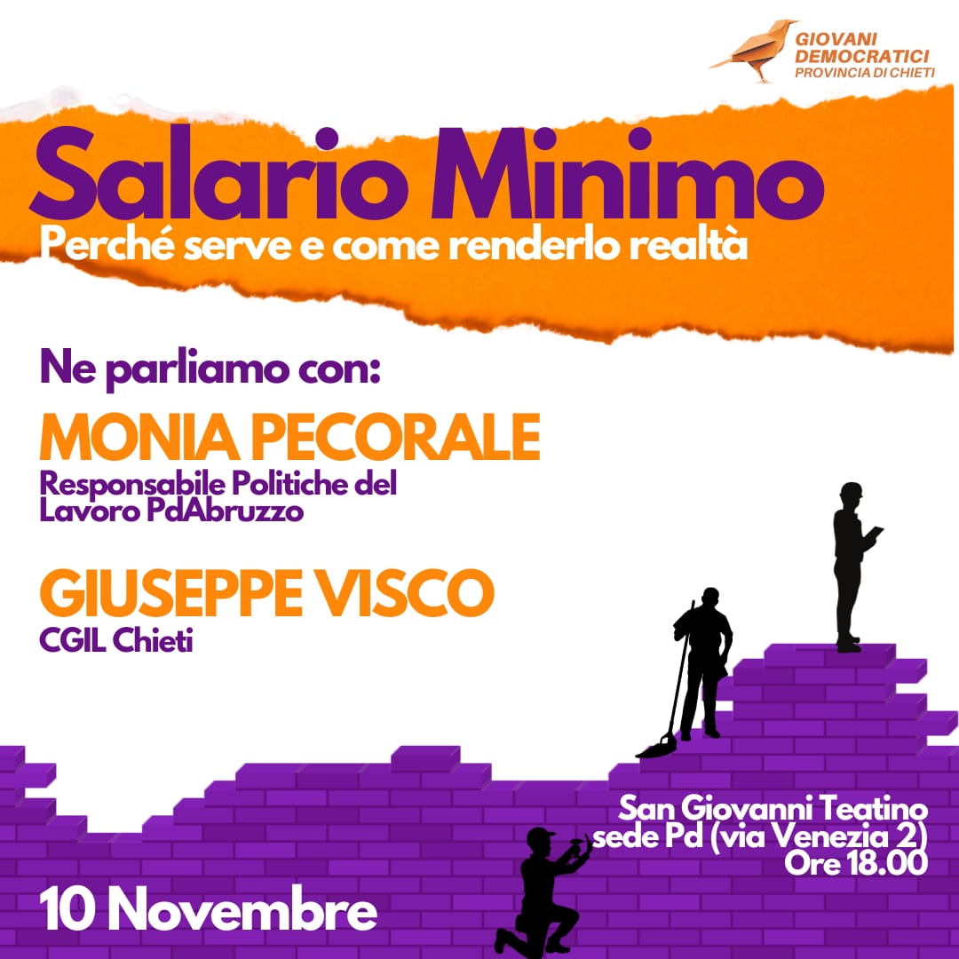 Salario minimo: il 10 novembre a San Giovanni Teatino l’evento dei Giovani Democratici della provincia di Chieti