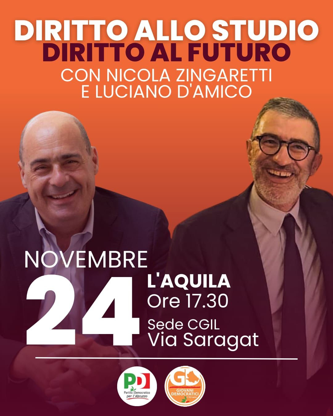 Il 24 novembre Nicola Zingaretti all’Aquila con Luciano D’Amico: “Diritto allo studio, diritto al futuro”