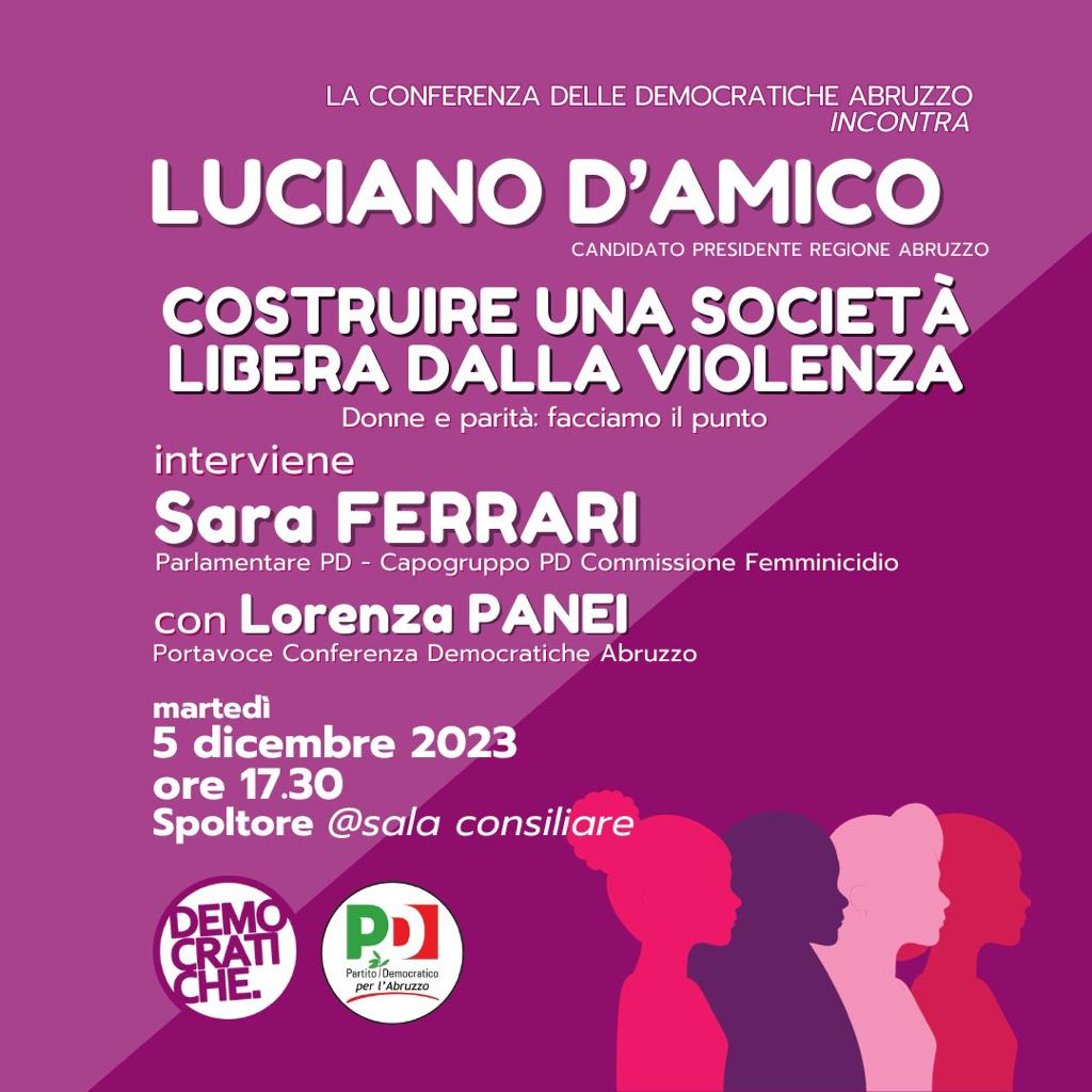 Costruire una società libera dalla violenza: il 5 dicembre a Spoltore l’evento delle Democratiche con Luciano D’Amico
